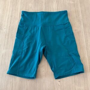 Teal 8" Soft Biker Yoga Shorts; High Waisted, Compression Pocketed Shorts
